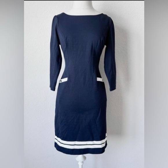 Talbots Blue 3/4 Sleeve Knit Mini Fitted Boatneck Dress - Picture 7 of 7